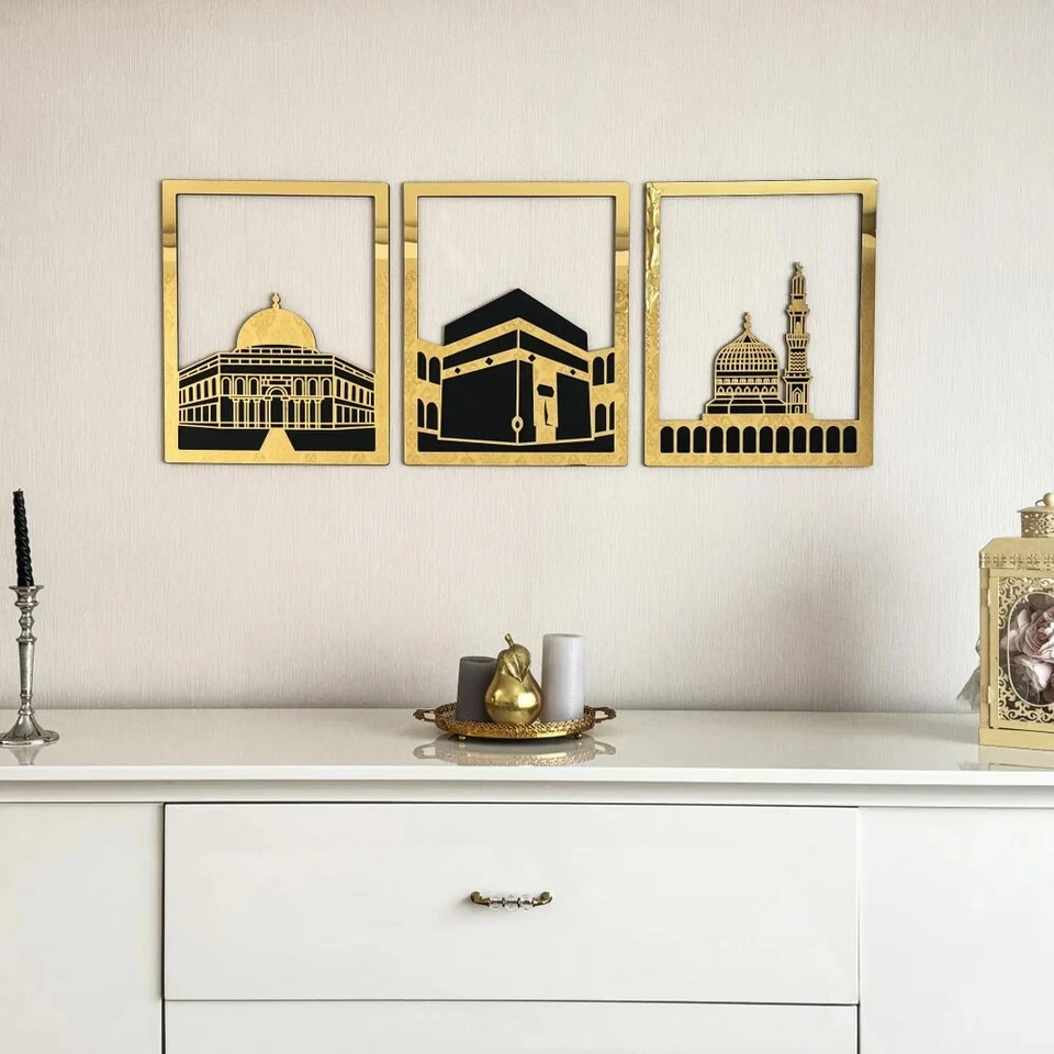 Islamic Wall Art Set of 3 Kaaba Masjid Nabawi Al Aqsa Muslim Home Decor Gift